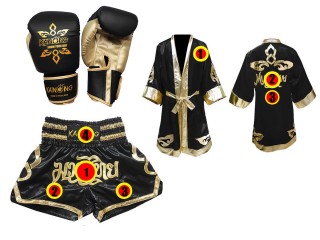 Custom Muay Thai Robe + Custom Muay Thai Shorts + Boxing Gloves : Black Lai Thai