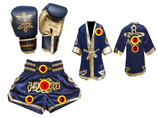 Custom Boxing Robe + Customize Thai boxing Shorts + Muay Thai Gloves : Navy Lai Thai