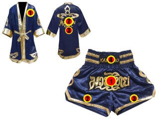Custom Muay Thai Shorts and Boxing Robe : Navy Lai Thai
