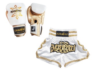 Kanong Muay Thai gloves and Custom Muay Thai shorts: Set-121-White