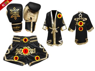 Custom Muay Thai Robe + Custom Muay Thai Shorts + Muay Thai Gloves for  Kids : Black Lai Thai