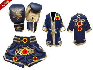 Custom Muay Thai Robe + Custom Muay Thai Shorts + Muay Thai Gloves for Kids : Navy Lai Thai