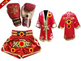 Custom Muay Thai Robe + Custom Muay Thai Shorts + Muay Thai Gloves for Kids : Red Lai Thai