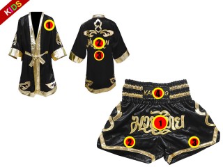 Custom Muay Thai Boxing Robe and Shorts for Kids : Black Lai Thai