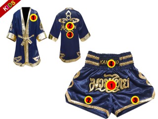 Custom Muay Thai Boxing Robe and Shorts for Kids : Navy Lai Thai