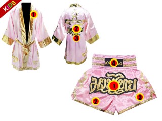 Custom Muay Thai Boxing Robe and Shorts for Kids : Pink Lai Thai