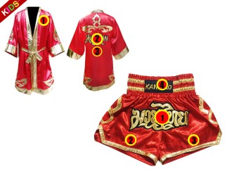 Custom Kids Muay Thai Boxing Robe and Shorts : Red Lai Thai