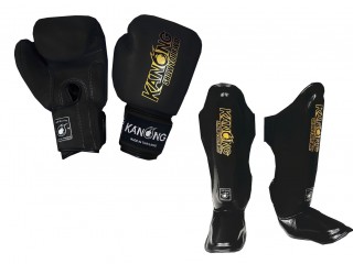 Kanong Muay Thai Gloves + Shin Pads : Simple Black