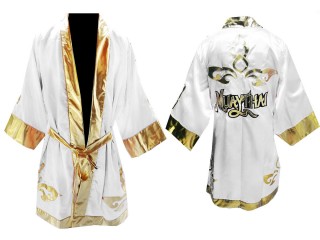 Kanong Custom Muay Thai Fight Robe : White Lai Thai