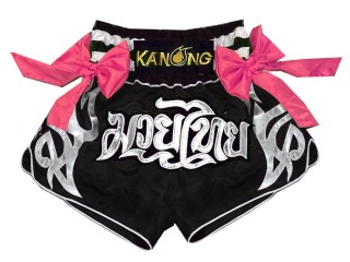 Kanong Muay Thai Kick boxing Shorts with ribbons : KNS-127-Black