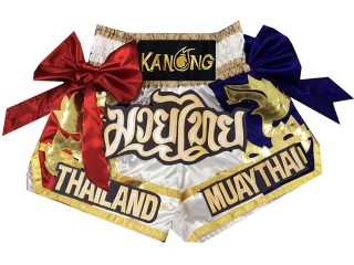 Kanong ribbon Muay Thai Kick boxing Shorts : KNS-128-White