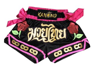 Kanong ribbon Muay Thai Kick boxing Shorts : KNS-129-Black
