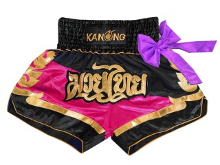 Kanong Muay Thai Kick boxing Shorts with bow : KNS-130-Black-Pink