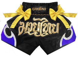 Kanong Muay Thai Kick boxing Shorts with bows : KNS-131-Black-Blue