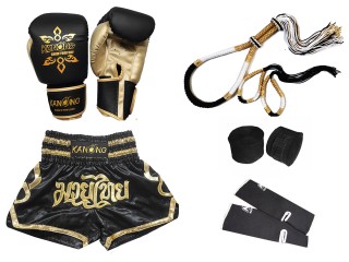 Boxing Gloves and Muay Thai Shorts Set with Gear : Set-121-Full-Black