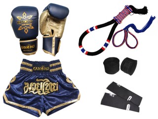 Boxing Gloves and Muay Thai Shorts Set with Gear : Set-121-Full-Navy