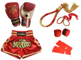 Boxing Gloves and Muay Thai Shorts Set with Gear : Set-121-Full-Red