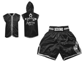 Custom Boxing set - Boxing Hoodie and Boxing Shorts : KNCUSET-008-Black-Silver