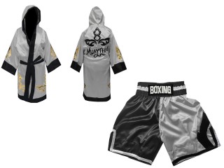 Custom Boxing set - Boxing Robe and Boxing Shorts : KNCUSET-105-Black-Silver