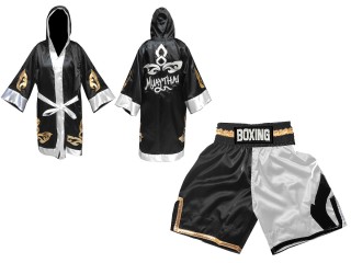 Custom Boxing set - Boxing Robe and Boxing Shorts : KNCUSET-105-Black-White