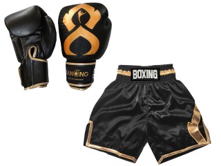 Kanong Genuine Leather Boxing gloves and Personalize boxing shorts: KNCUSET-201-Black-Gold