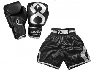  Leather Boxing gloves and Personalize boxing shorts: KNCUSET-201-Black-Silver