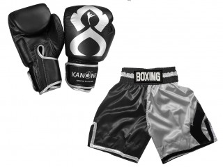 Leather Boxing gloves and Personalize boxing shorts: KNCUSET-202-Black-Silver
