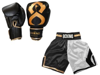 Kanong Genuine Leather Boxing gloves and Personalize boxing shorts: KNCUSET-202-Black-White