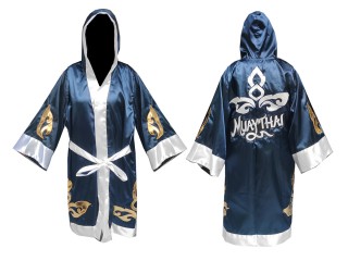 Custom Muay Thai Robe with hood and Kickboxing Shorts : Set-143-Navy