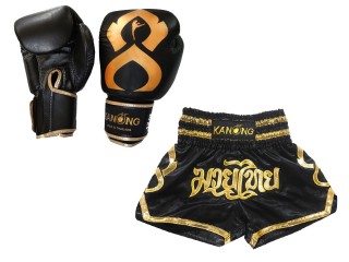 Kanong Genuine Leather Boxing gloves and Personalize Muay Thai shorts: Set-121-Thaikick-Black