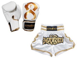 Leather Boxing gloves and Personalize Muay Thai shorts: Set-121-Thaikick-White