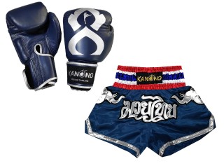 Leather Boxing gloves and Personalize Muay Thai shorts: Set-125-Navy Elephant