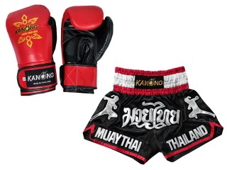 Leather Boxing gloves and Personalize Muay Thai shorts: Set-133-Gloves-Black