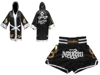 Custom Muay Thai Robe with hood and Kickboxing Shorts : Set-143-Black