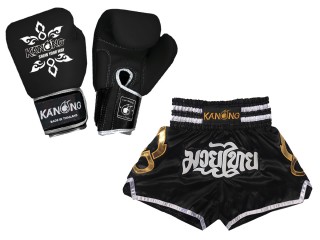 Leather Boxing gloves and Personalize Muay Thai shorts: Set-143-Gloves-Black