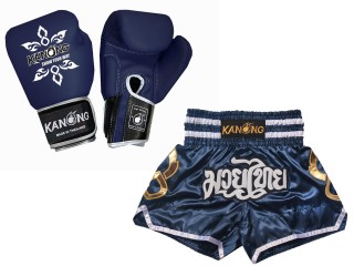 Leather Boxing gloves and Personalize Muay Thai shorts: Set-143-Gloves-Navy