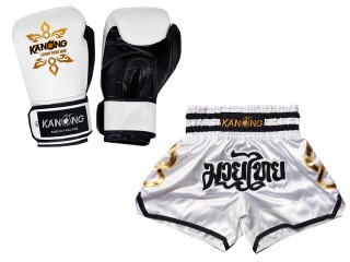 Kanong Genuine Leather Boxing gloves and Personalize Muay Thai shorts: Set-143-Gloves-White