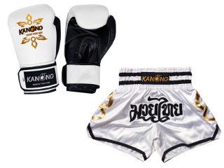 Leather Boxing gloves and Personalize Muay Thai shorts: Set-143-Gloves-White