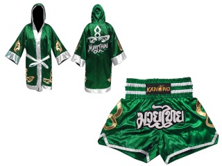 Custom Muay Thai Robe with hood and Kickboxing Shorts : Set-143-Green