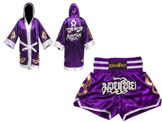 Custom Muay Thai Robe with hood and Kickboxing Shorts : Set-143-Purple