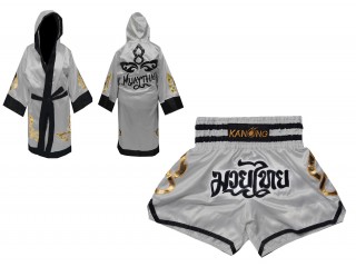 Custom Muay Thai Robe with hood and Kickboxing Shorts : Set-143-Silver