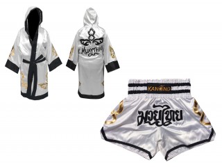 Custom Muay Thai Robe with hood and Kickboxing Shorts : Set-143-White