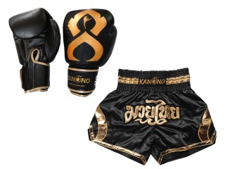 Kanong Genuine Leather Boxing gloves and Personalize Muay Thai shorts: Set-144-Gloves-Black-Gold