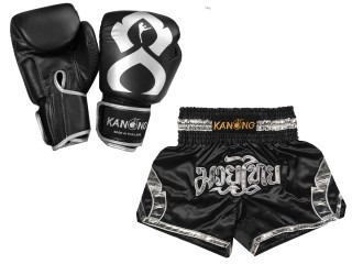 Kanong Genuine Leather Boxing gloves and Personalize Muay Thai shorts: Set-144-Gloves-Black-Silver