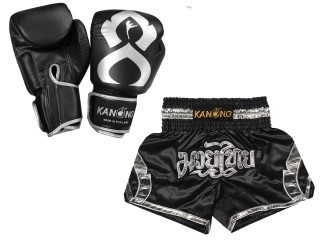 Leather Boxing gloves and Personalize Muay Thai shorts: Set-144-Gloves-Black-Silver