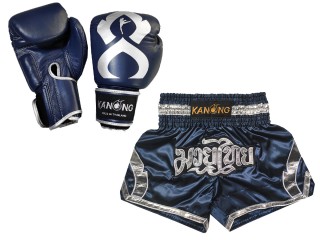 Kanong Genuine Leather Boxing gloves and Personalize Muay Thai shorts: Set-144-Gloves-Navy