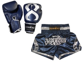  Leather Boxing gloves and Personalize Muay Thai shorts: Set-144-Gloves-Navy