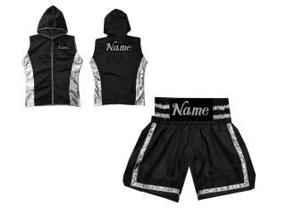 Custom Boxing set - Boxing Hoodie and Boxing Shorts : Black and Silver