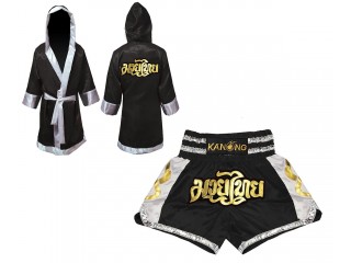 Custom Muay Thai Robe with hood and Kickboxing Shorts : Black