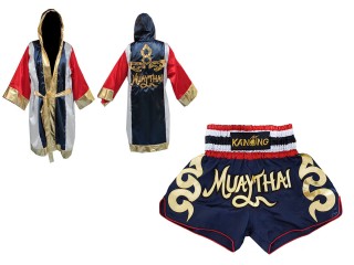 Custom Muay Thai Robe with hood and Kickboxing Shorts set : Navy Thai Flag